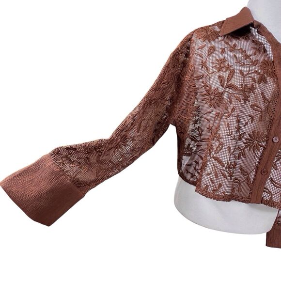 JASON WU Lace Sheer Floral Button Down Top NWT Size Large Brown - Picture 7 of 15